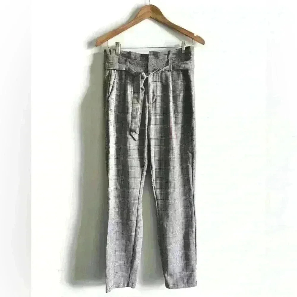 Vero Moda Women’s Plaid Grey High Waisted Wrap Tie Trouser Office Pants Medium